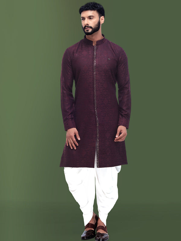 Royal Purple Self Printed Indo western Style Kurta for Men