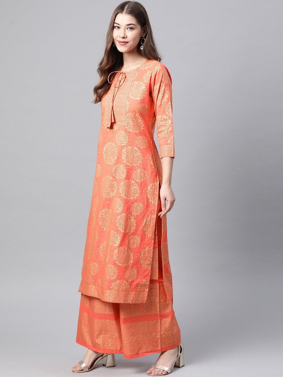 Women's Coral Orange & Golden Printed Pure Cotton Kurta with Palazzos - Meeranshi - Indiakreations