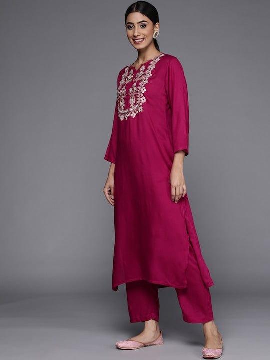 Varanga magenta kurta with dori and zari embroidered yoke paired with organza dupatta and straight trouser - Indiakreations