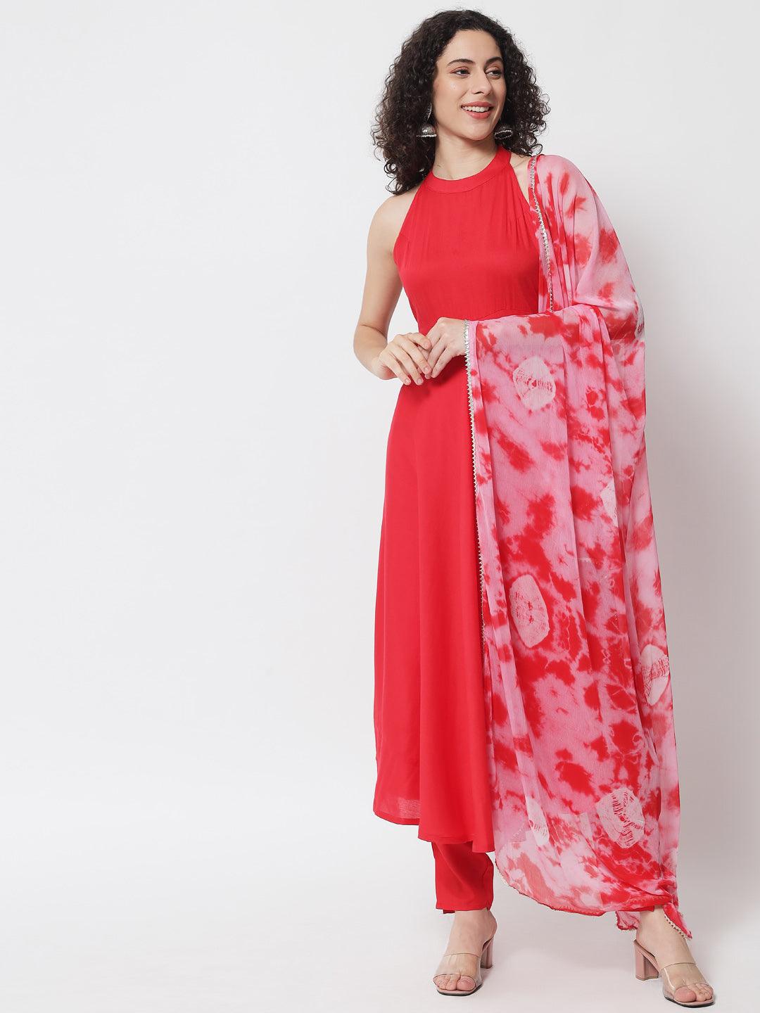 Women's Red Empire Gotta Patti Kurta with Trousers - Meeranshi - Indiakreations