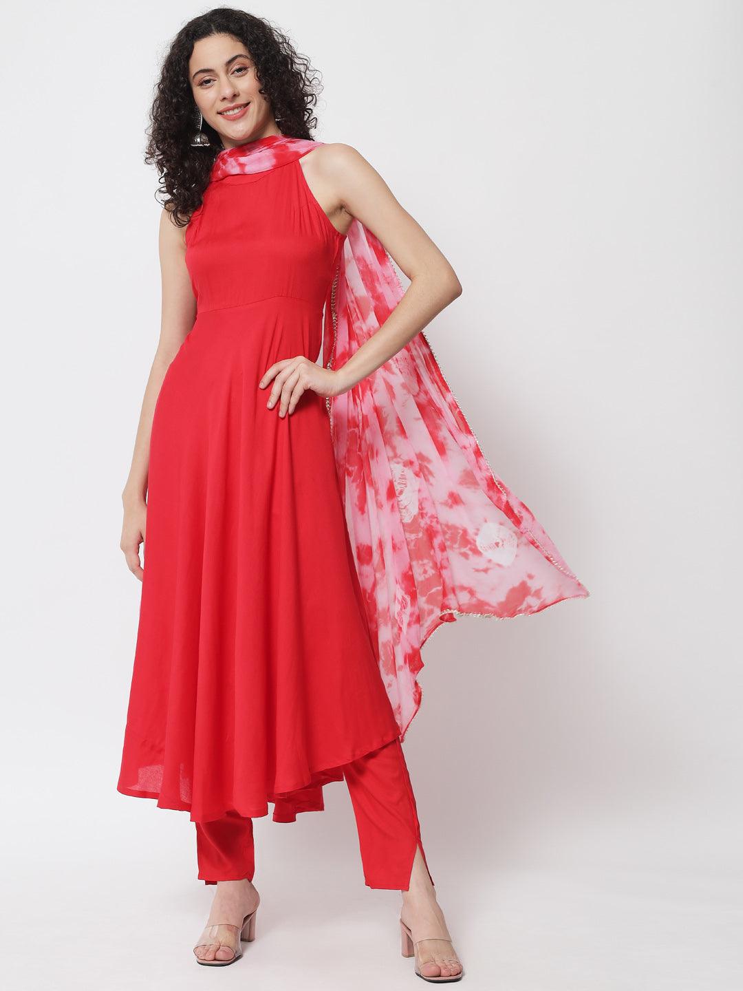 Women's Red Anarkali Kurta With Trousers & Tye-Dye Dupatta With Gotta Patti - Meeranshi - Indiakreations