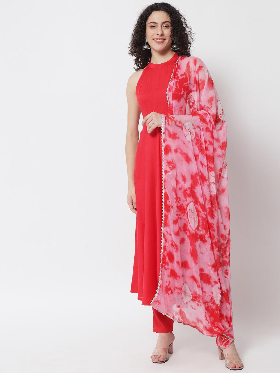 Women's Red Anarkali Kurta With Trousers & Tye-Dye Dupatta With Gotta Patti - Meeranshi - Indiakreations