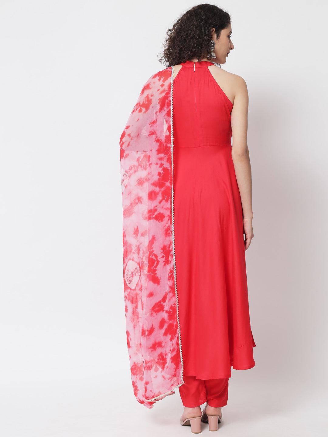 Women's Red Empire Gotta Patti Kurta with Trousers - Meeranshi - Indiakreations