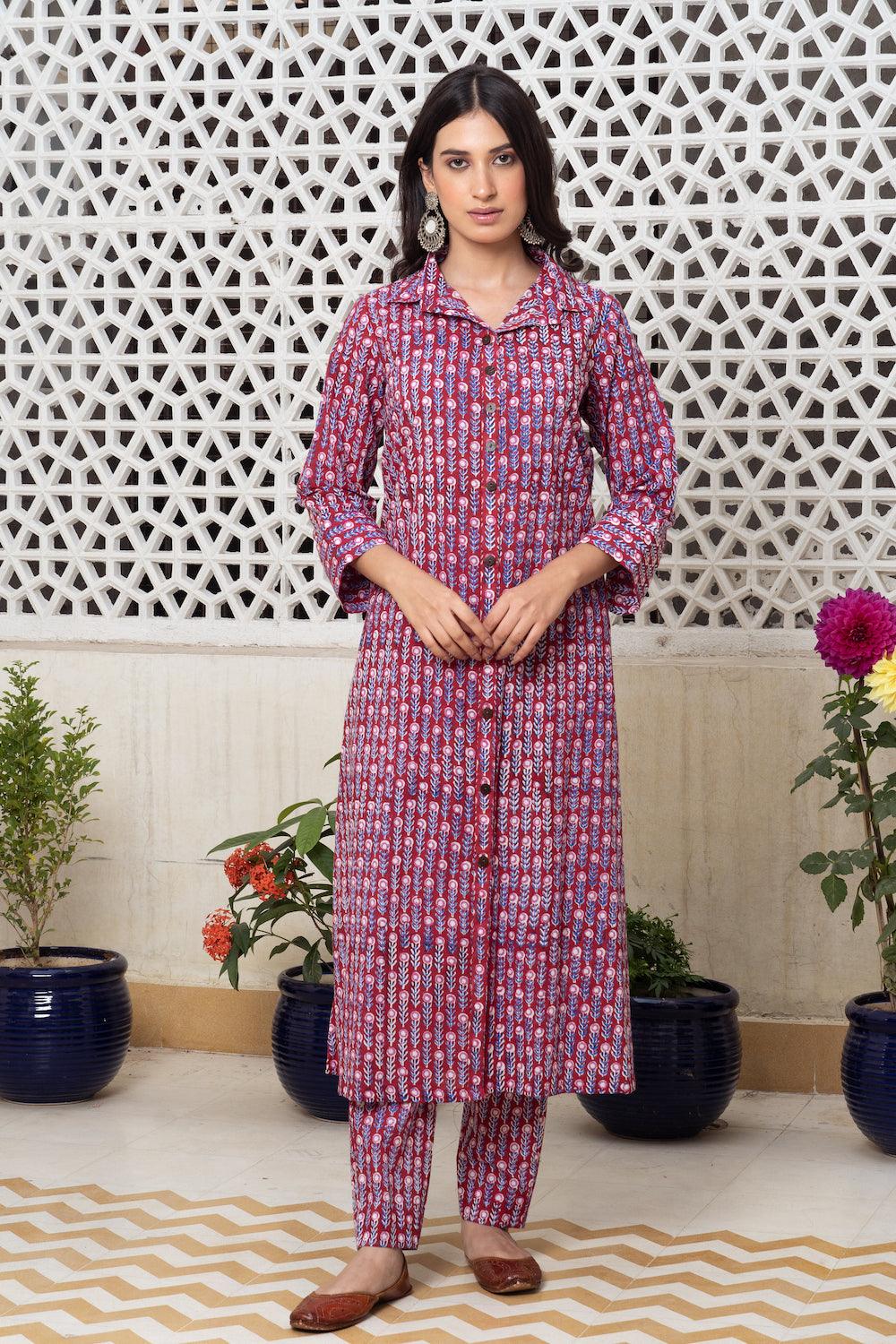 Raspberry hand block Kurta Set Of 2 - Indiakreations