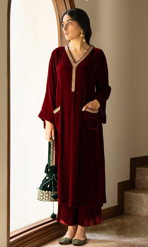 Bareen embroidered - Red front pocket velvet kurta with palazzo - Set of 2 RTS - Indiakreations