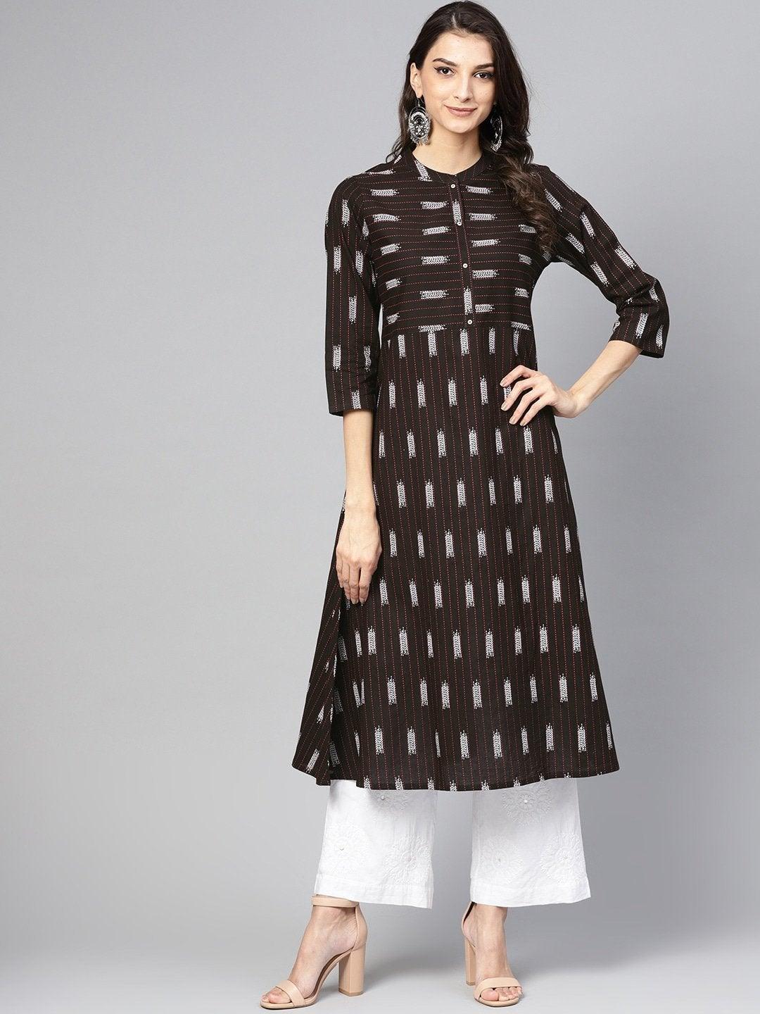 Women's Brown & Black Striped A-Line Kurta - Meeranshi - Indiakreations