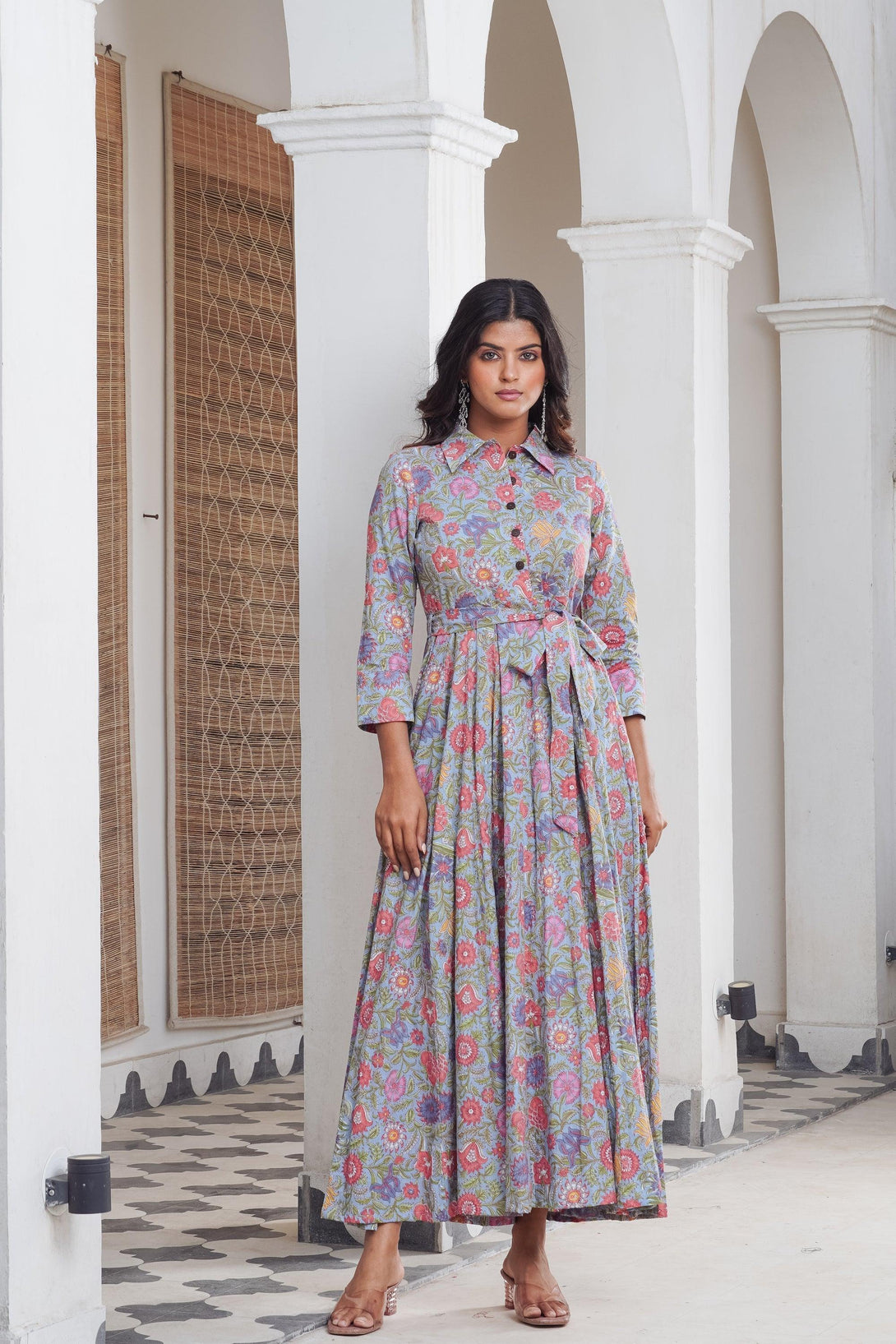 Floral multicoloured shirt collar Maxi - Indiakreations