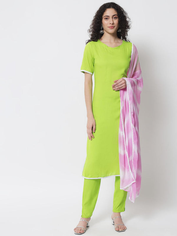 Women's Fluorescent Green Kurta With Trouser And Dupatta - Meeranshi - Indiakreations