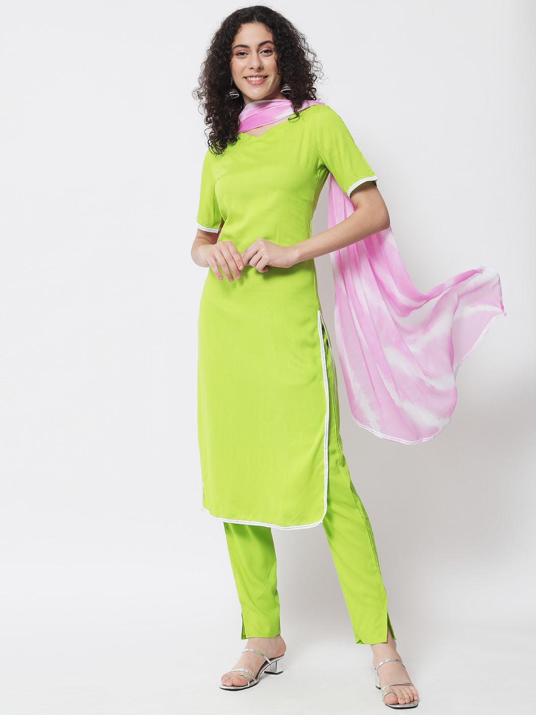 Women's Fluorescent Green Kurta With Trouser And Dupatta - Meeranshi - Indiakreations