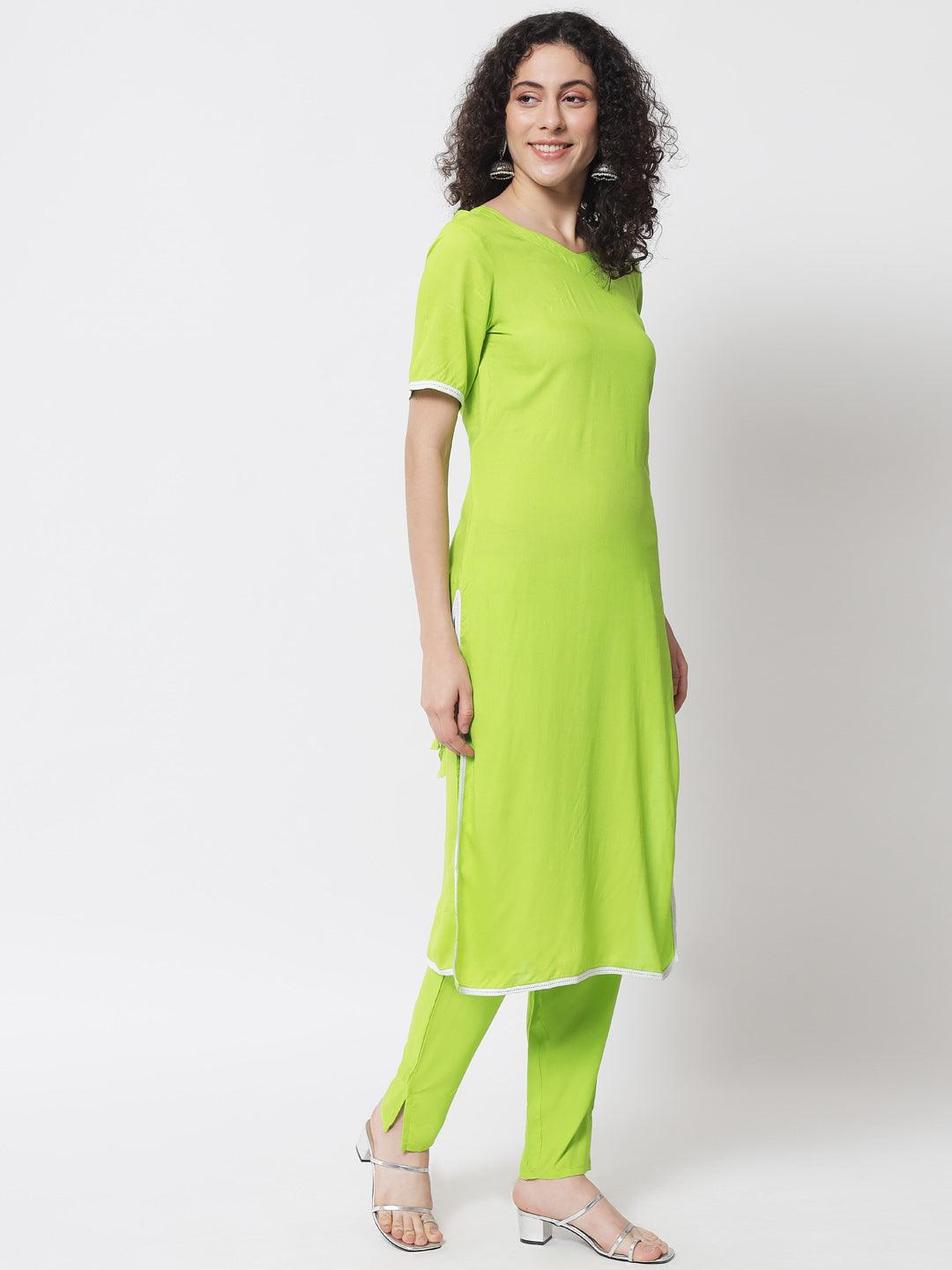 Women's Fluorescent Green Kurta With Trouser And Dupatta - Meeranshi - Indiakreations