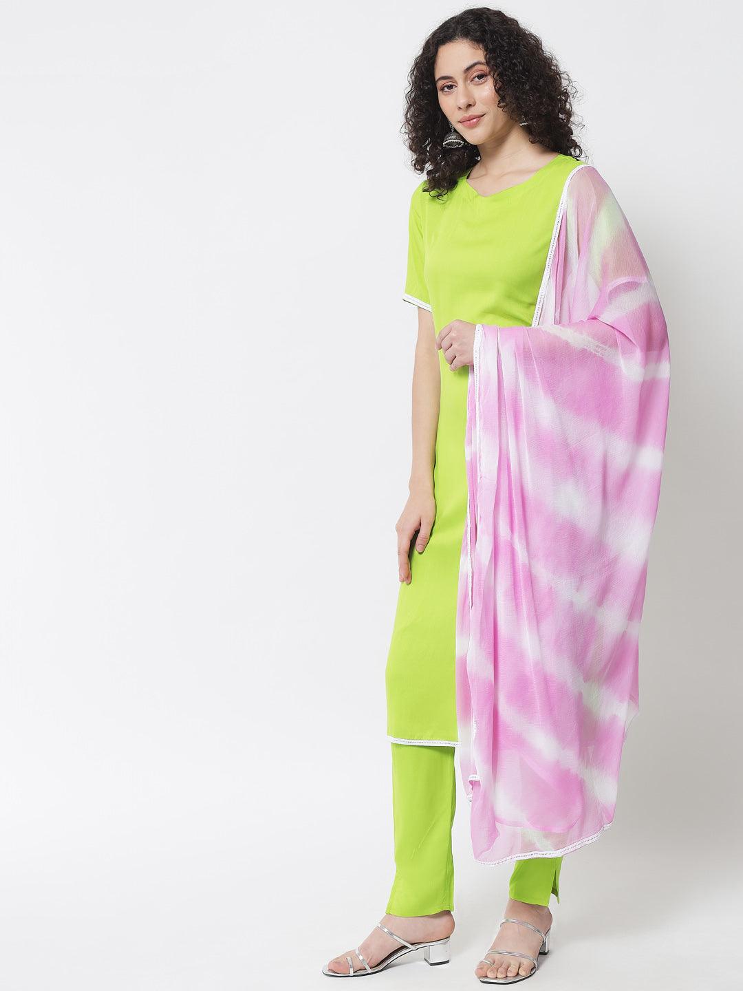 Women's Fluorescent Green Kurta With Trouser And Dupatta - Meeranshi - Indiakreations