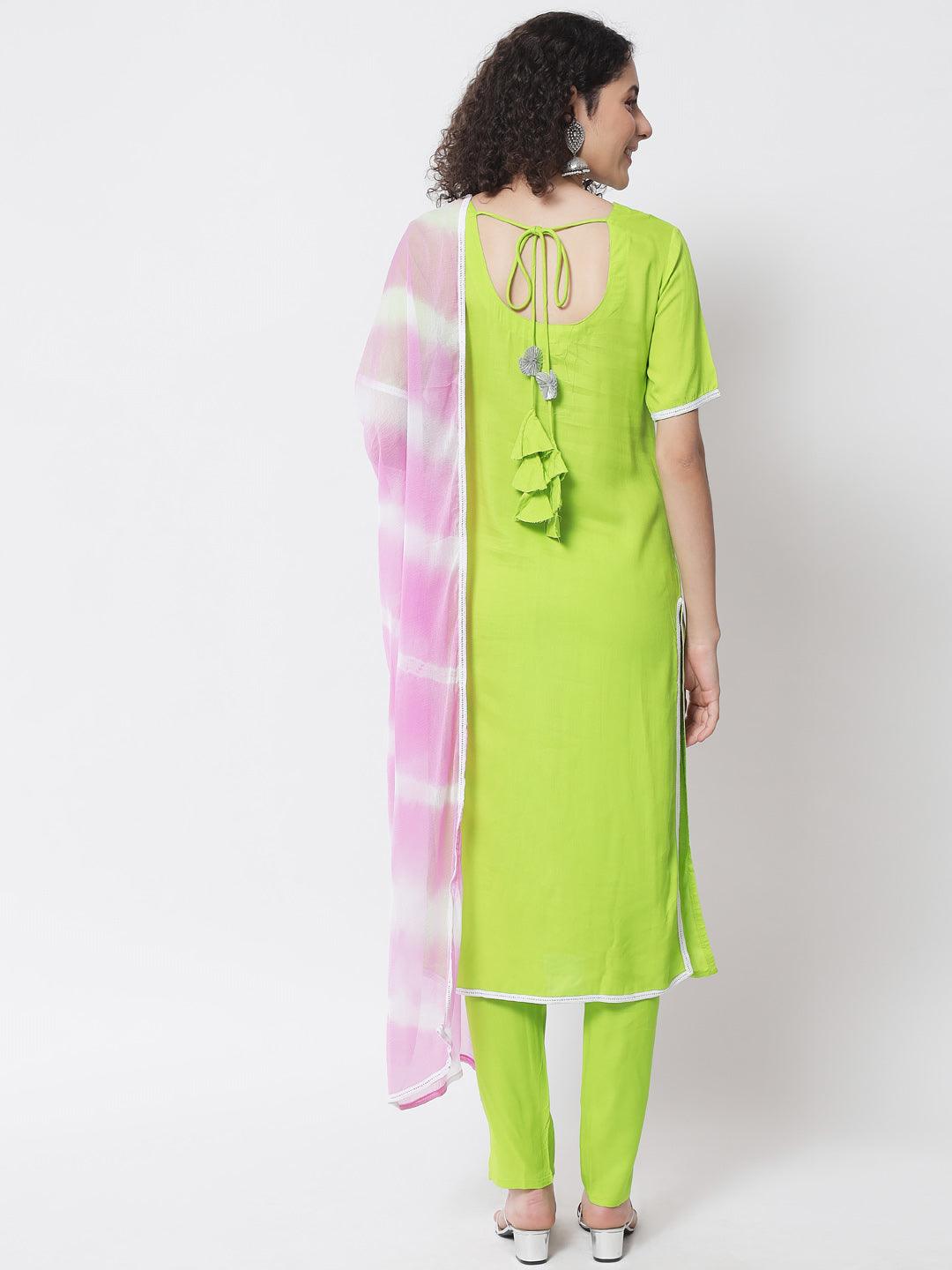 Women's Fluorescent Green Kurta With Trouser And Dupatta - Meeranshi - Indiakreations