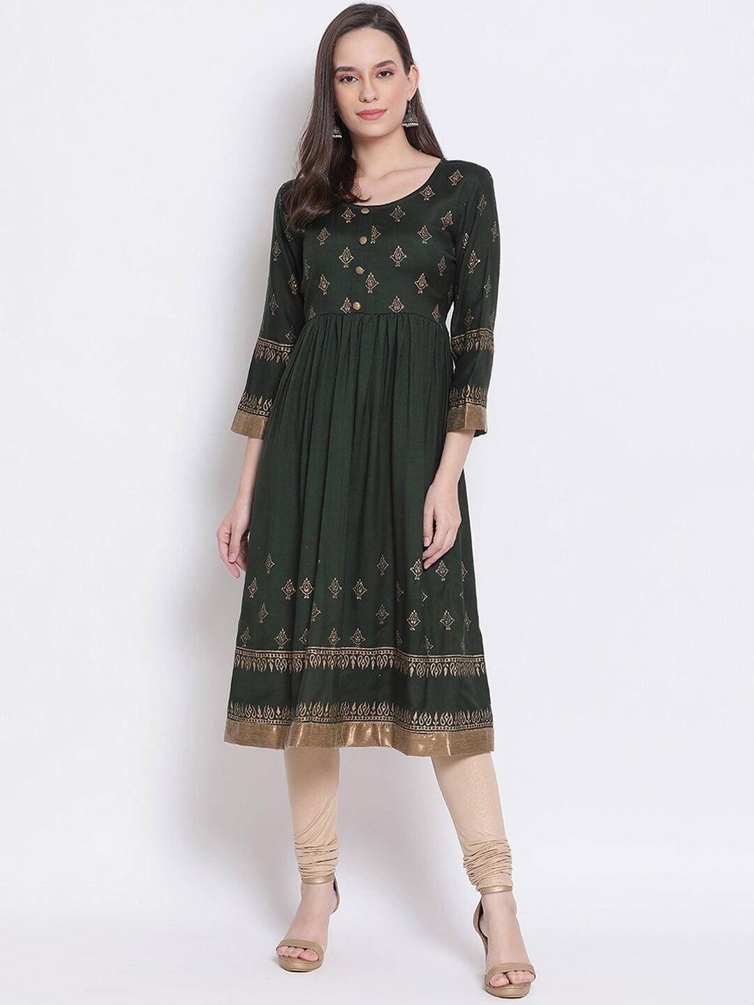 Women's Green & Dark Charcoal Ethnic Motifs Printed Anarkali Kurta - Noz2Toz - Indiakreations