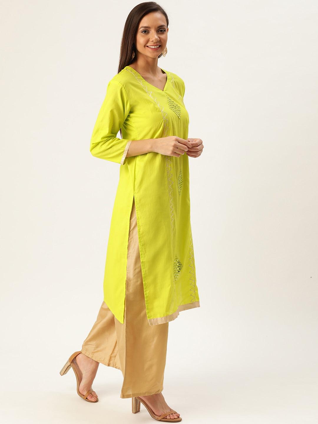 Women's Lime Green & Golden Embroidered Straight Kurta - NOZ2TOZ - Indiakreations