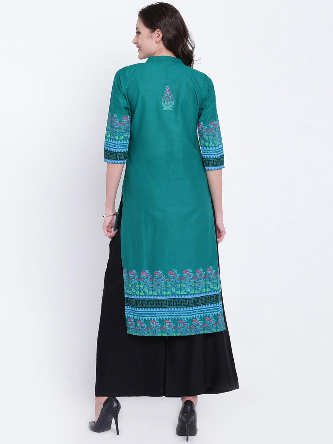 Women's Green & Blue Ethnic Motifs Block Print Kurta - Noz2Toz - Indiakreations