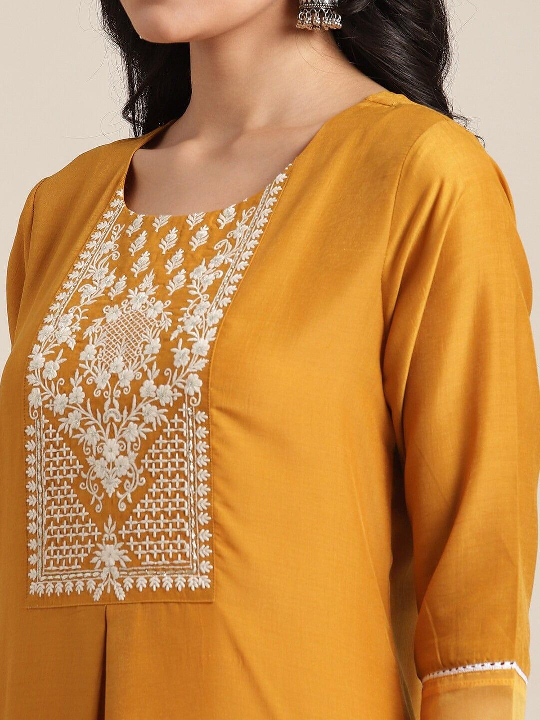 Mustard Yellow Yoke Design Kurti With Trousers - Indiakreations