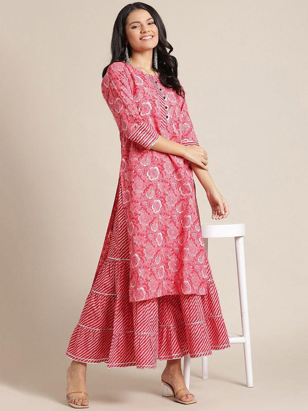 Pink Ethnic Motifs Printed Panelled Kurta With Skirt - Indiakreations