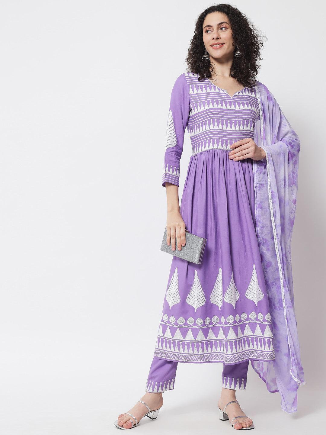 Women's Purple Solid Embroidered Kurta With Trousers & Dupatta - Meeranshi - Indiakreations