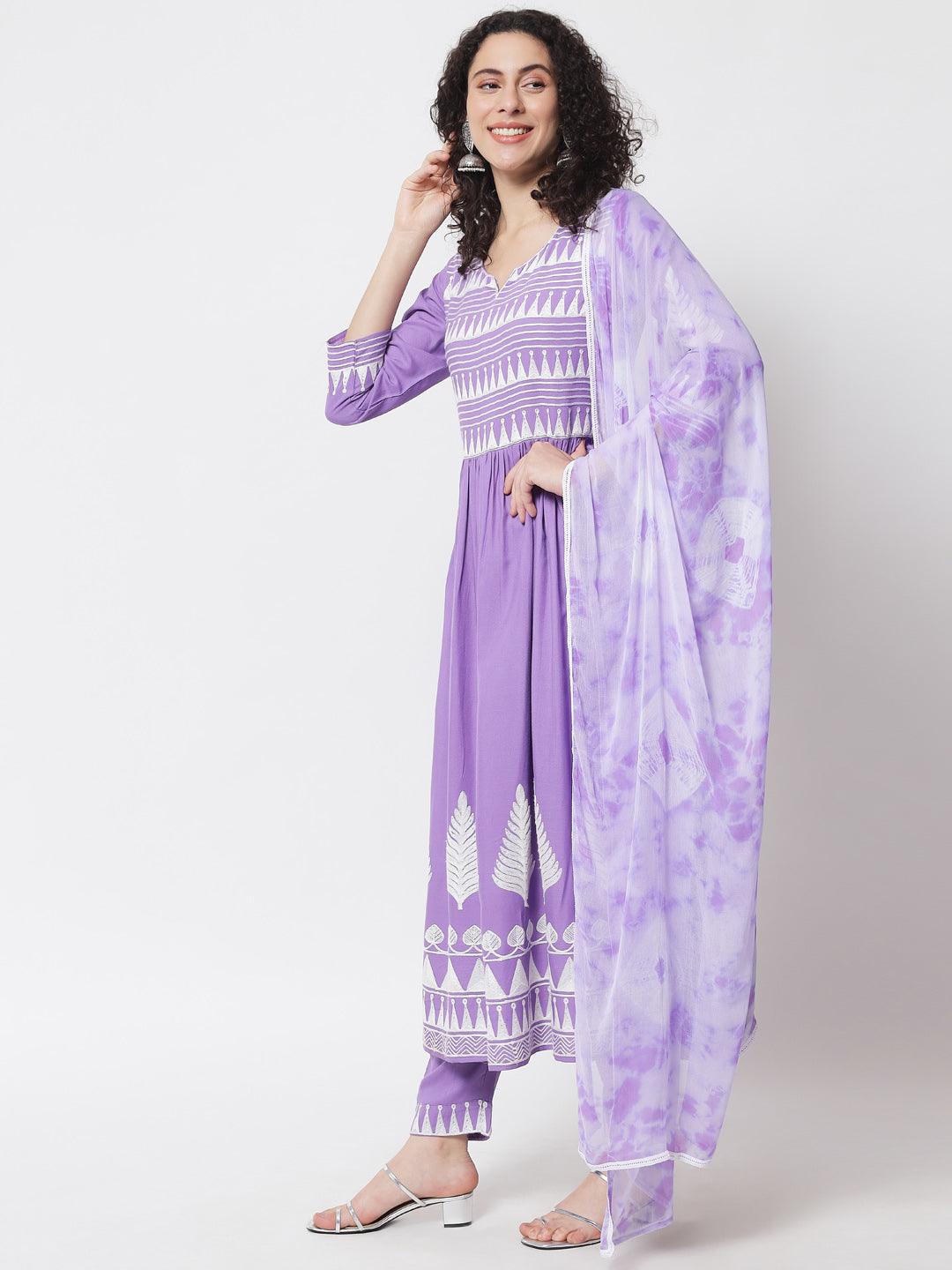 Women's Purple Solid Embroidered Kurta With Trousers & Dupatta - Meeranshi - Indiakreations