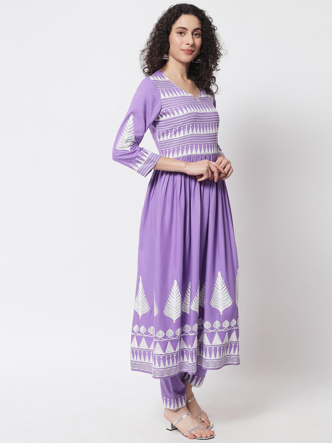 Women's Purple Solid Embroidered Kurta With Trousers & Dupatta - Meeranshi - Indiakreations