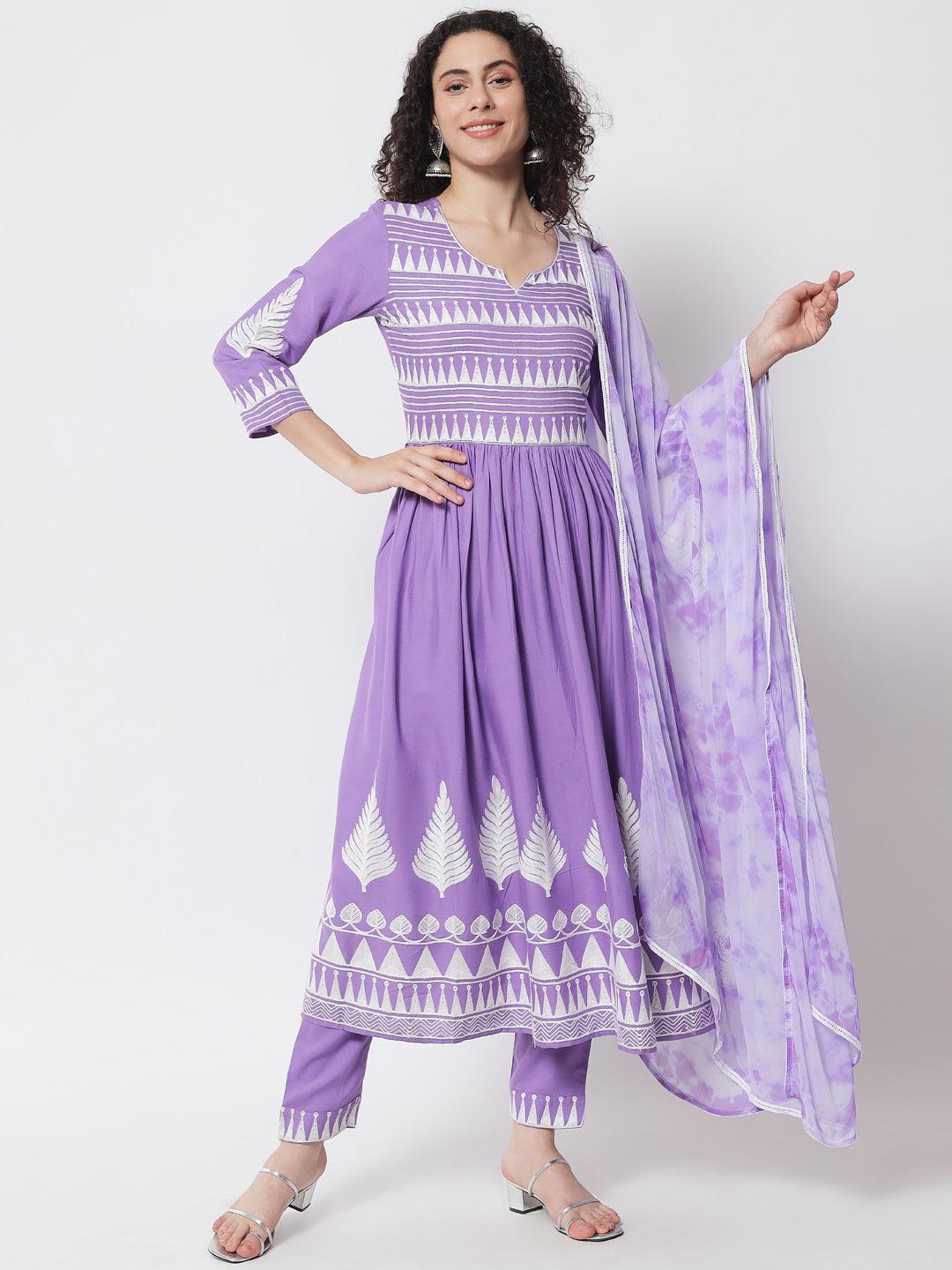 Women's Purple Solid Embroidered Kurta With Trousers & Dupatta - Meeranshi - Indiakreations