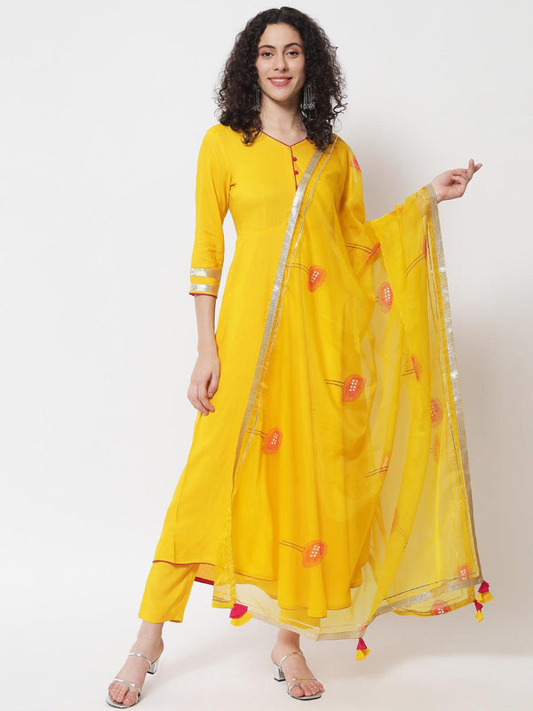 Women's Yellow Solid Kurta With Trousers & Dupatta - Meeranshi - Indiakreations