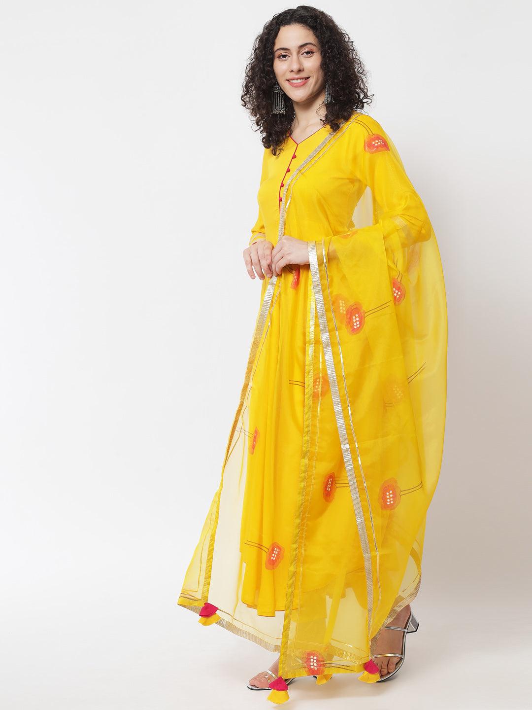 Women's Yellow Solid Kurta With Trousers & Dupatta - Meeranshi - Indiakreations