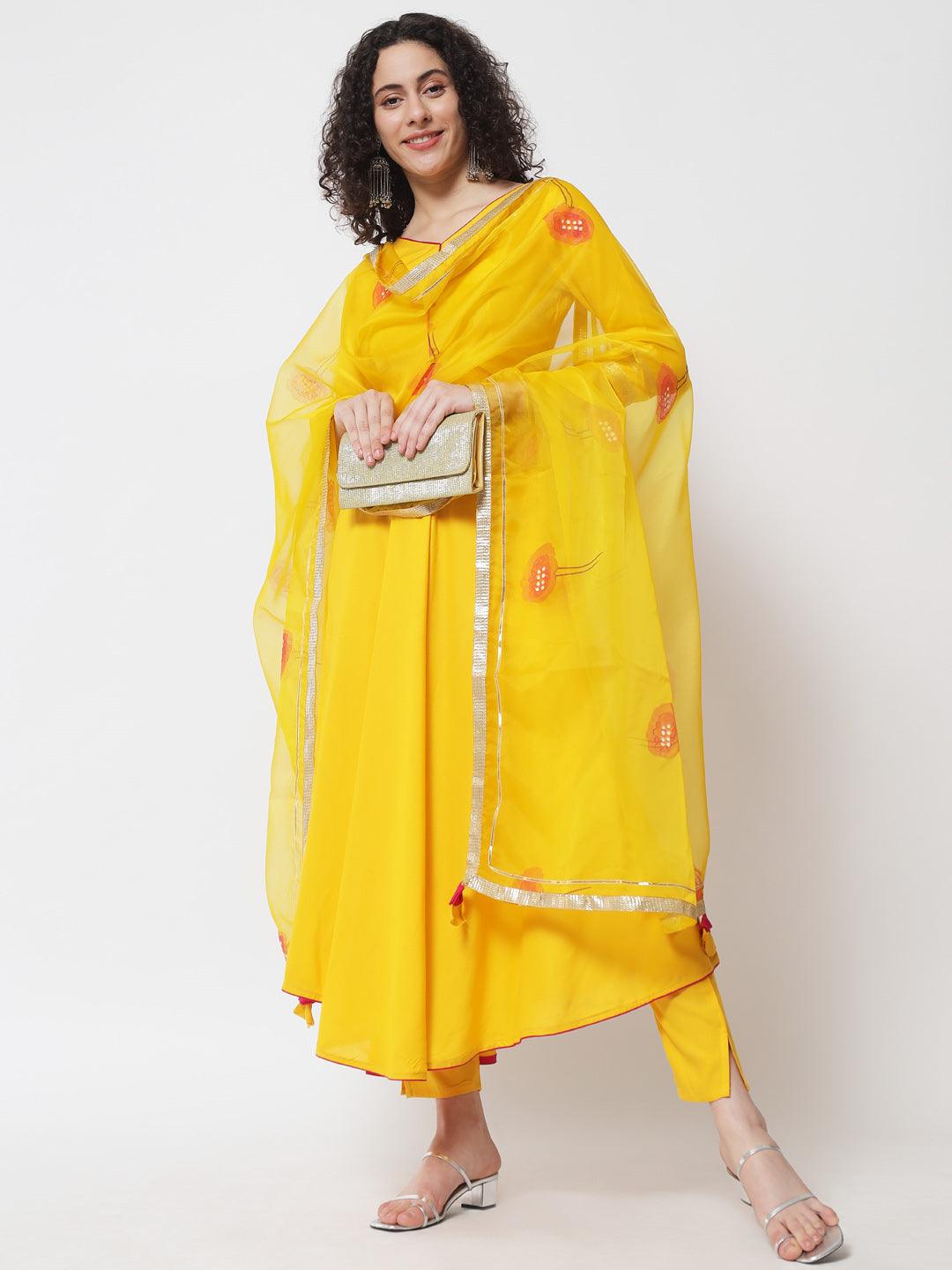 Women's Yellow Solid Kurta With Trousers & Dupatta - Meeranshi - Indiakreations