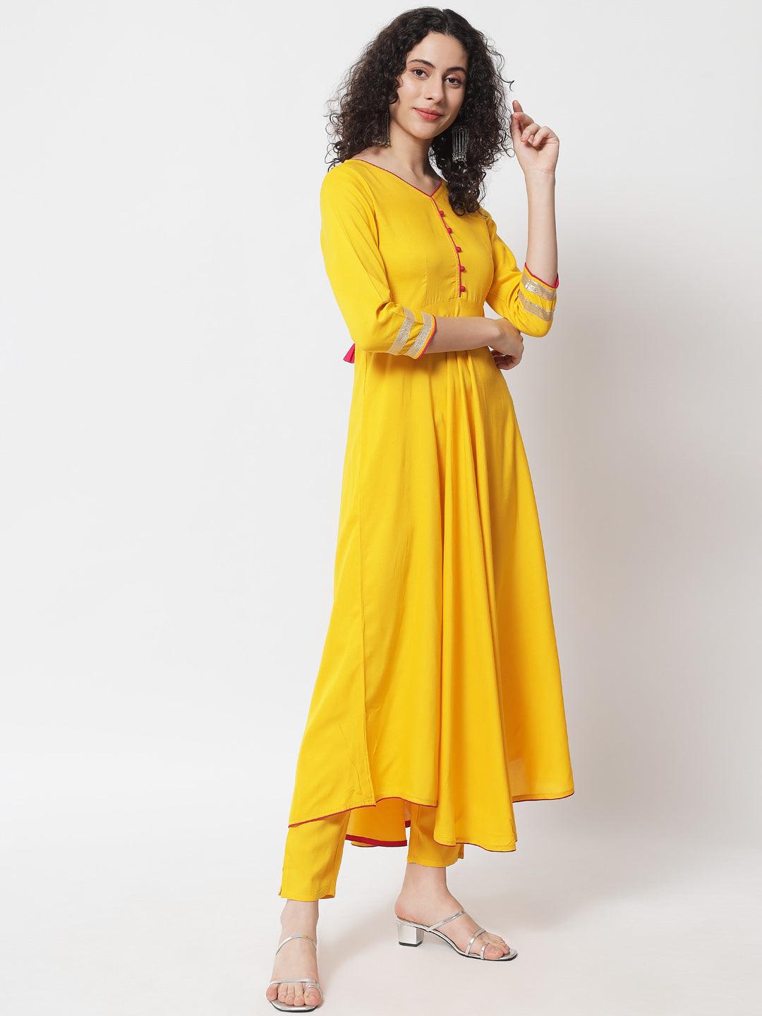 Women's Yellow Solid Kurta With Trousers & Dupatta - Meeranshi - Indiakreations