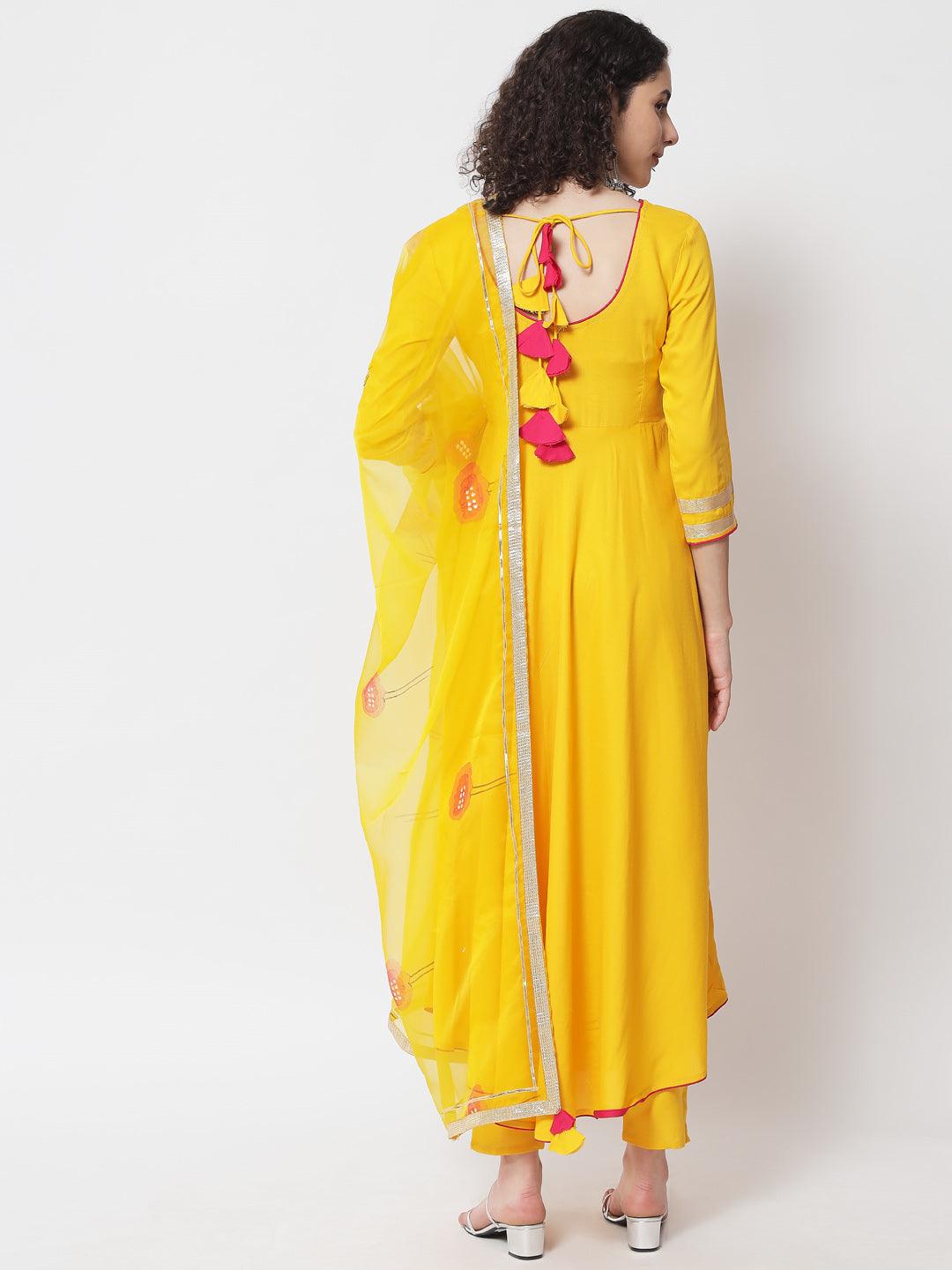 Women's Yellow Solid Kurta With Trousers & Dupatta - Meeranshi - Indiakreations