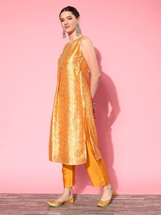 Varanga Women Yellow Printed Sequinned Kurta With Trousers & Dupatta - Indiakreations