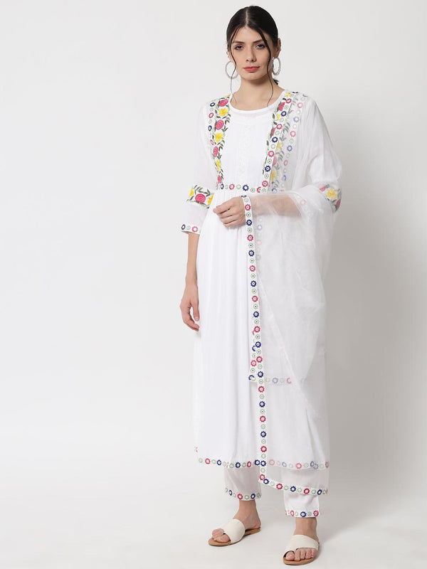 Women's White Floral Embroidered Thread Work Kurta With Trousers & Dupatta - Meeranshi - Indiakreations