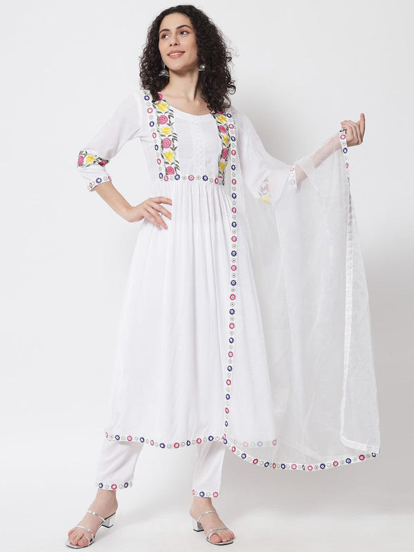 Women's White Floral Panelled Thread Work Kurti with Trousers & With Dupatta - Meeranshi - Indiakreations