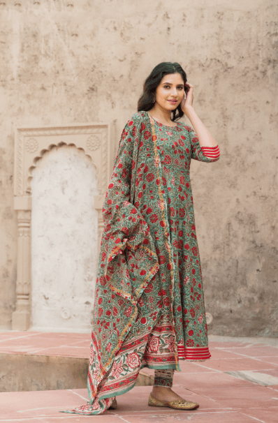 Women's Forest Green Hand Block Print Kurta Set with Chanderi Dupatta - Indiakreations