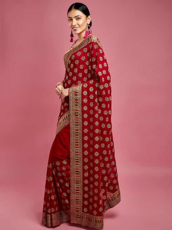 Alluring Red Georgette Saree with Multi Colour Work