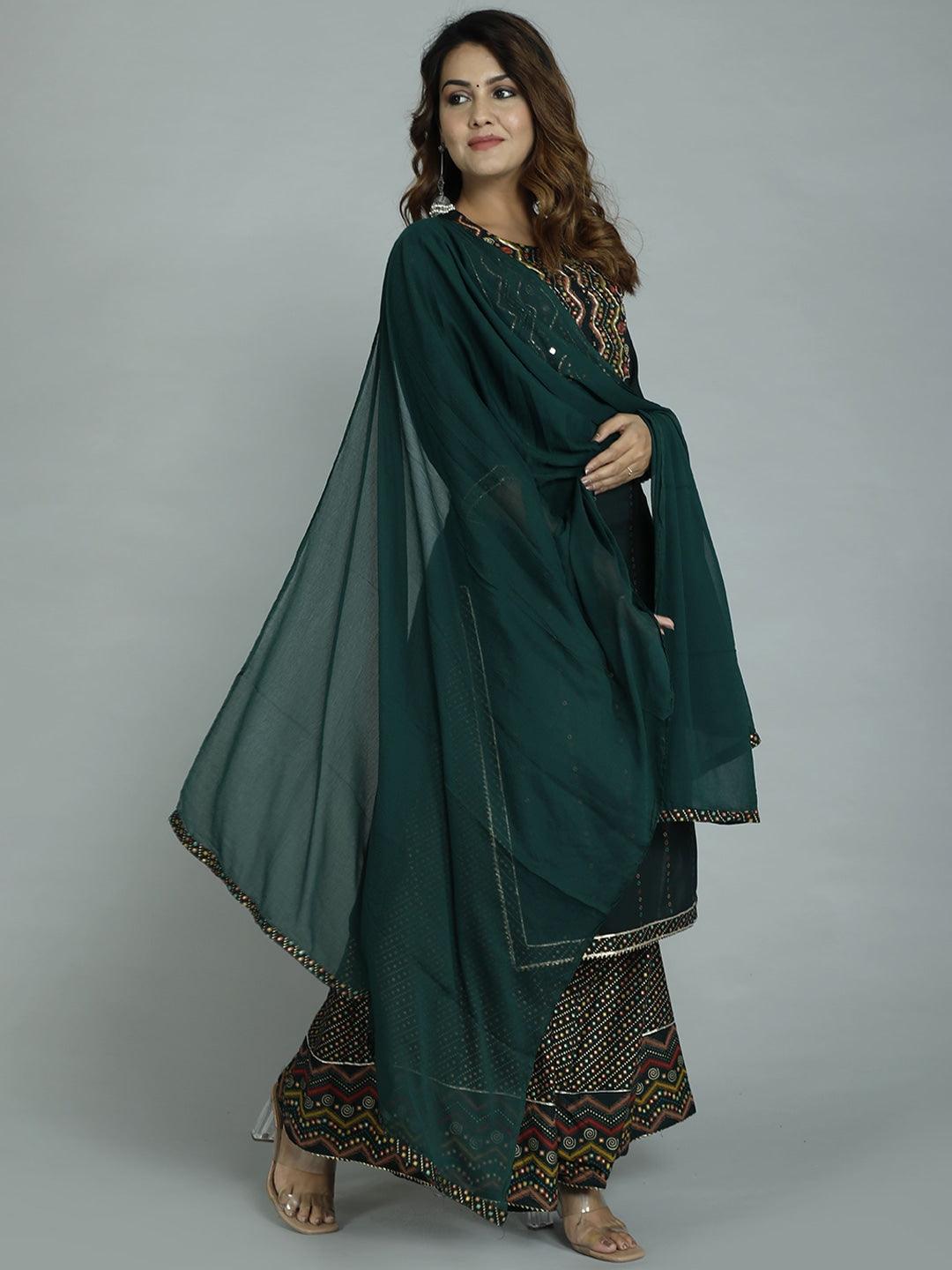 Women's Green Ethnic Motifs Embroidered Panelled Kurta With Sharara & With Dupatta - Noz2Toz - Indiakreations