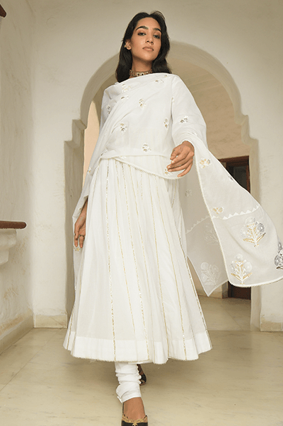 SE White gota embroidered Anarkali with chooridar and dupatta- set of 3 - Indiakreations