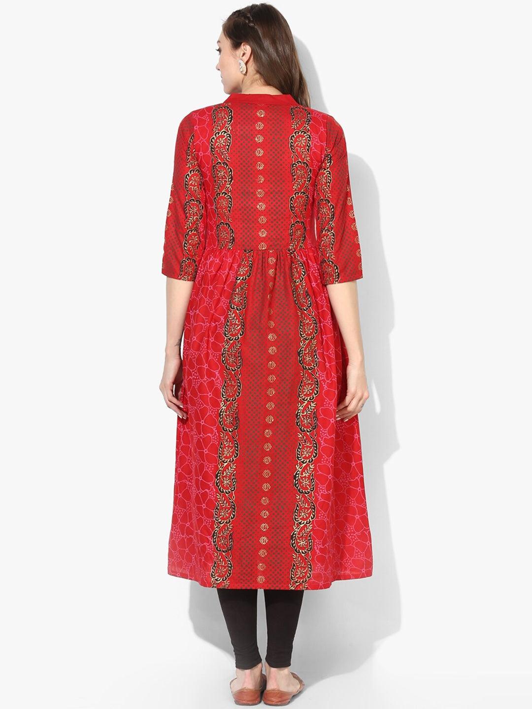 Women's Red Ethnic Motifs Printed Block Print Cotton Anarkali Kurta - Noz2Toz - Indiakreations