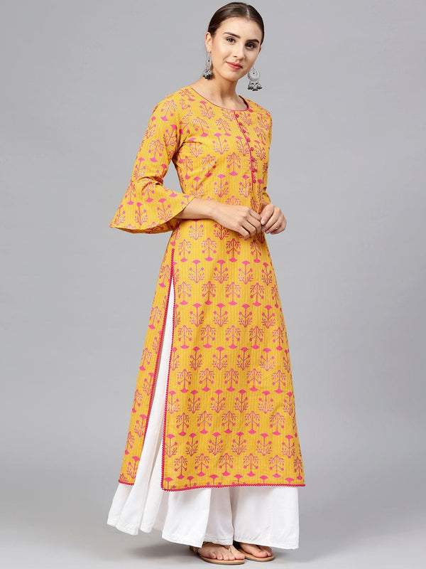 Women's Mustard Yellow & Magenta Printed Straight Kurta - Varanga