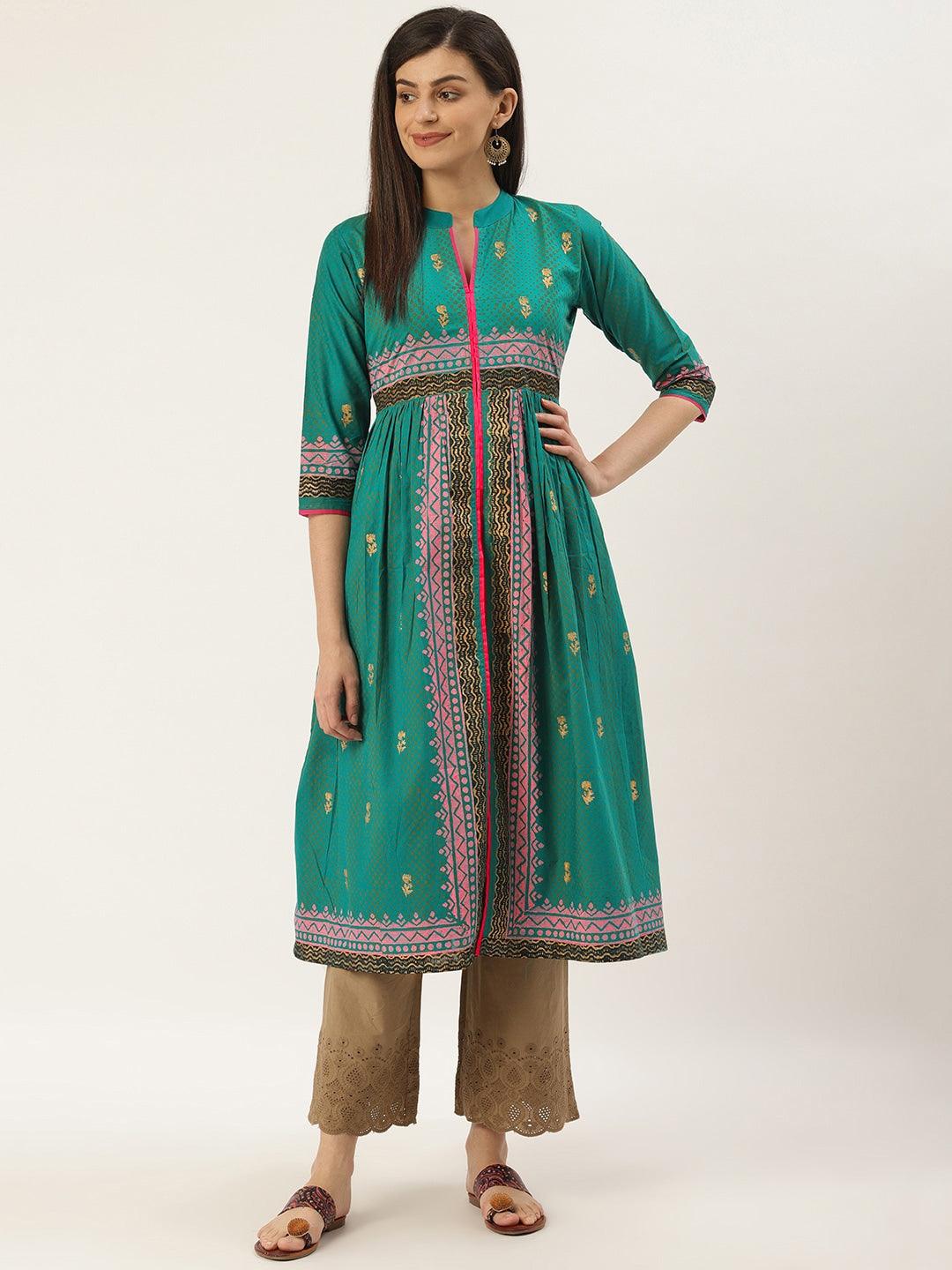 Women's Teal Green & Pink Hand Block Printed A-Line Kurta - Noz2Toz - Indiakreations