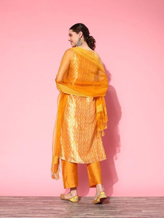 Varanga Women Yellow Printed Sequinned Kurta With Trousers & Dupatta - Indiakreations