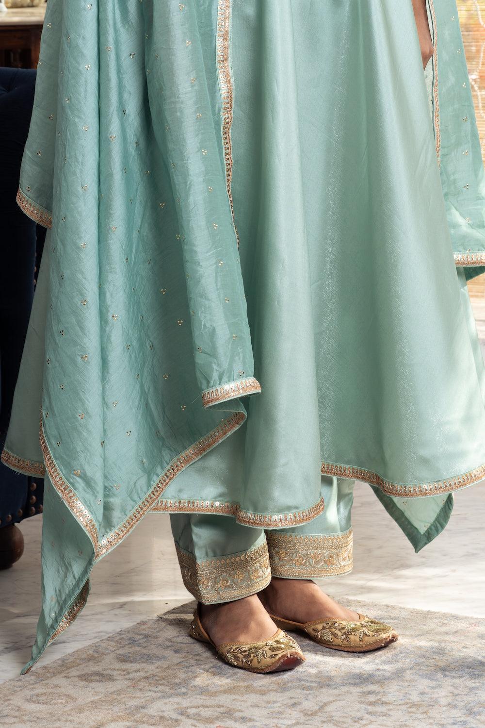 Khwabidah Pista Green Silk Anarkali Set of 3 - Indiakreations