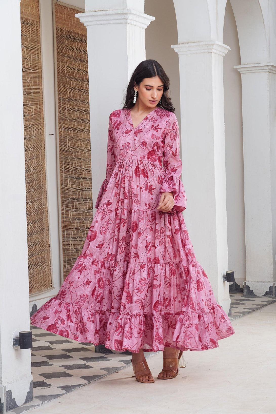 Pink floral frill Maxi - Indiakreations