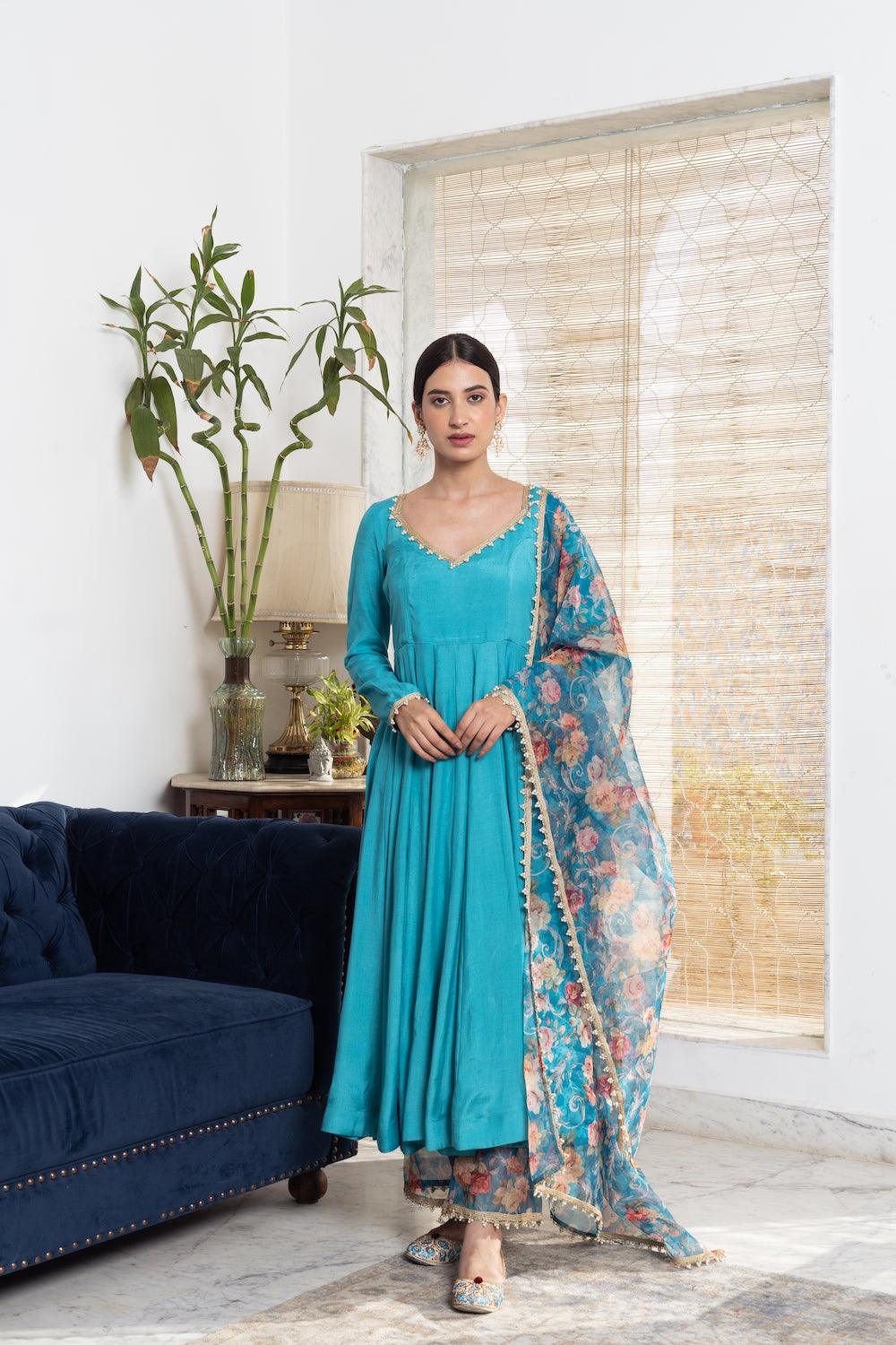 Khwabidah Turquoise Anarkali with floral dupatta Set of 3 - Indiakreations