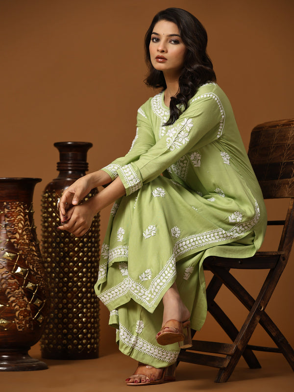 Noor Chikankari CO-ORD Set In Rayon for Women In Pista Green