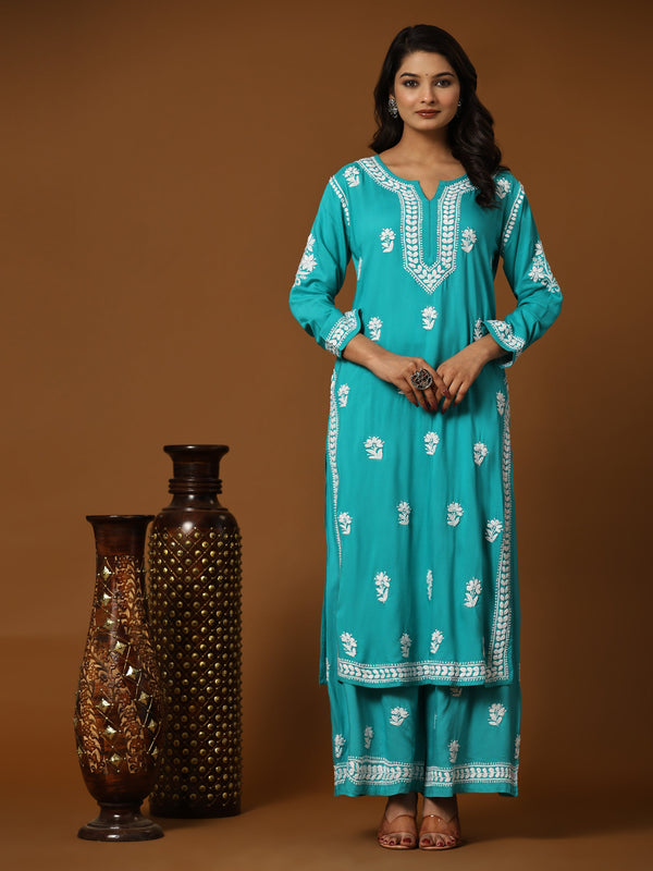 Noor Chikankari CO-ORD Set In Rayon for Women In Blue Turquoise