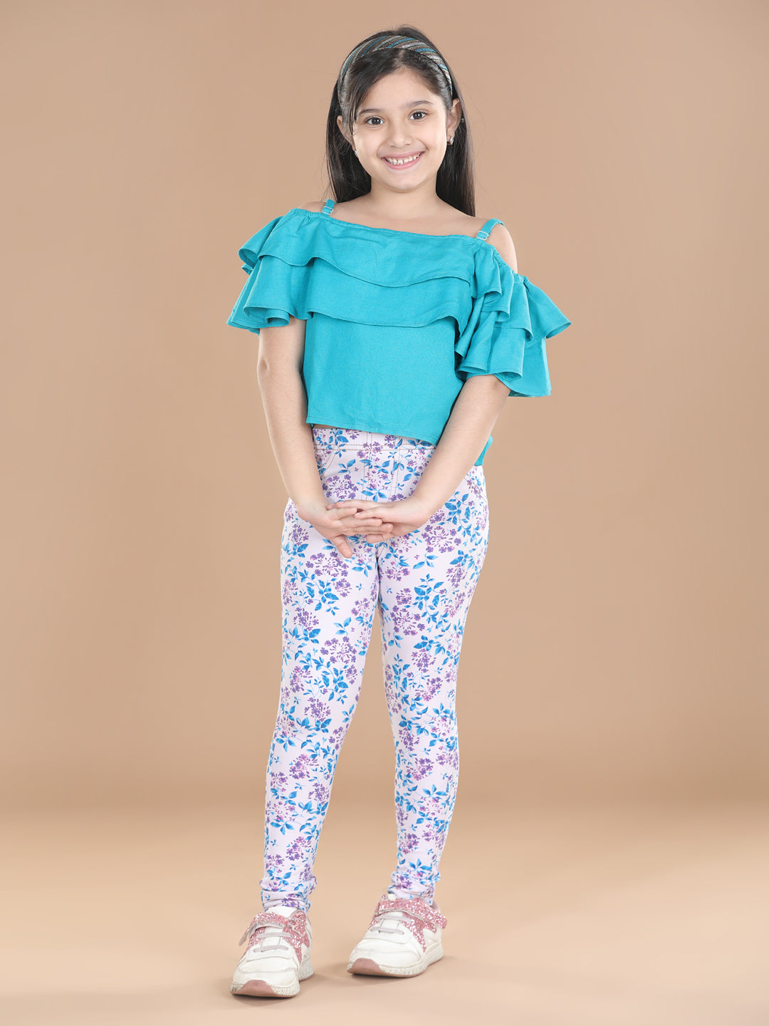 Girl's  Cotton Floral Printed Jegging And Turquoise Top - StyleStone Kid