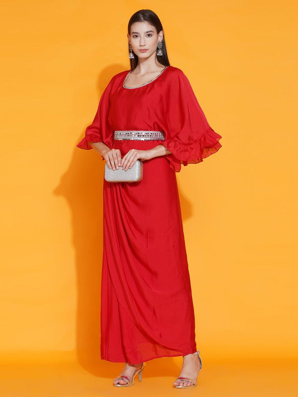 Women's Red Georgette Gown With Embellished Belt - Women Republic - Indiakreations