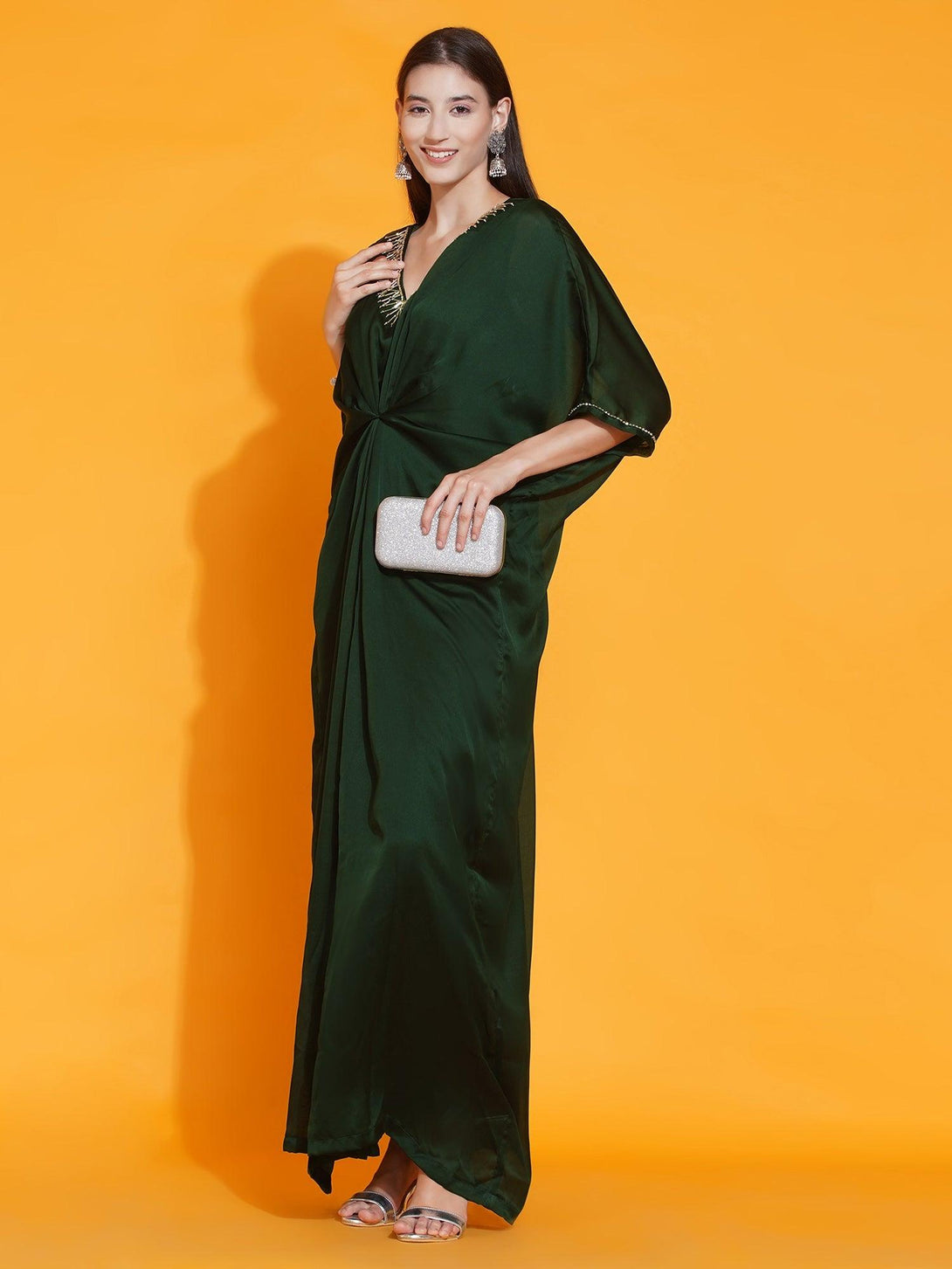 Women's Green Georgette Hand Embellished Kaftan Style Gown - Women Republic - Indiakreations