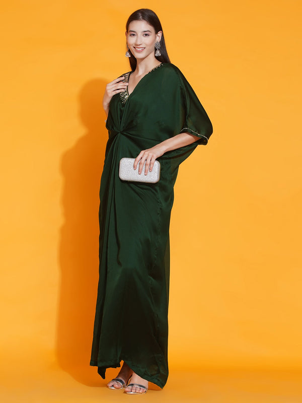 Women's Green  Georgette Hand Embellished Kaftan Style  Gown  - Women Republic